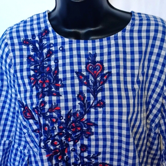 a.moon Embroidered Gingham 3/4 Sleeve Blouse - Picture 2 of 7